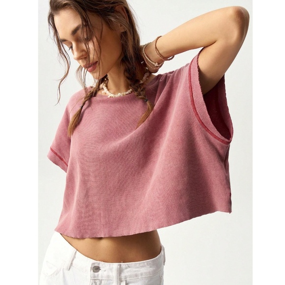 Redwood Cotton Oversized Cropped Muscle Tee Shirt Raw Hem and Inside Out Stitch - Picture 7 of 12